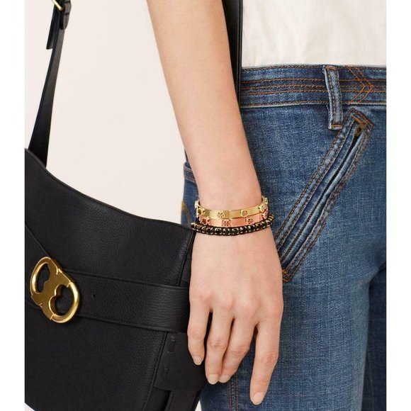 Tory Burch Gold Milgrain Logo Cuff Bracelet - Picture 3 of 4